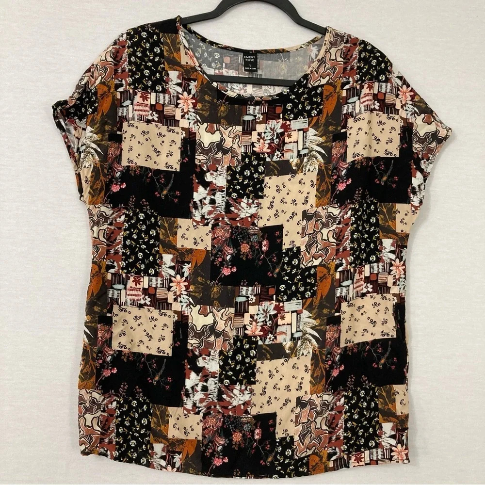 Emery Rose Floral Patchwork Print Round Neck‎ Soft Pullover Top Large